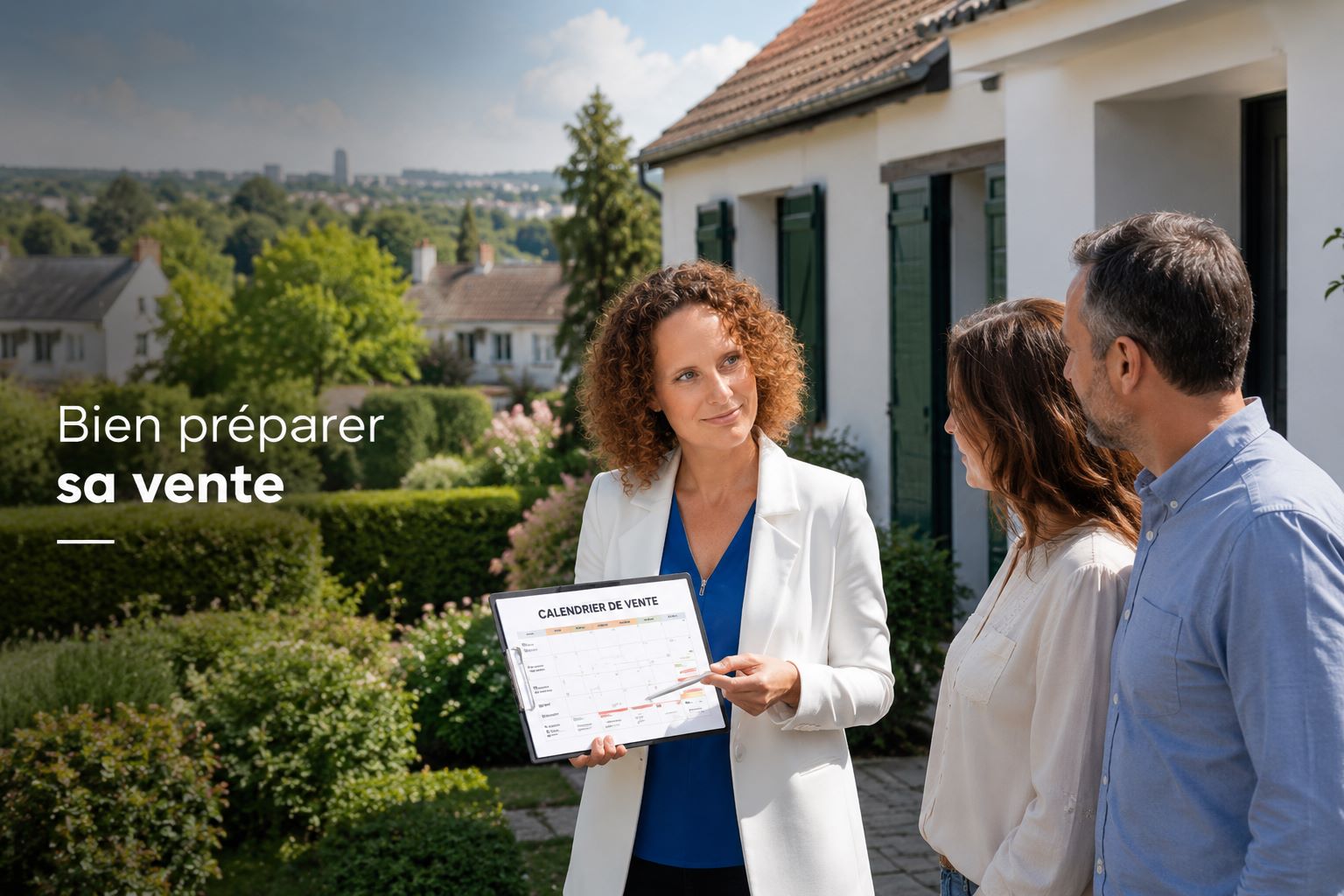 Conseillère immobilière expliquant un calendrier de vente à un couple de vendeurs à Dammarie-les-Lys